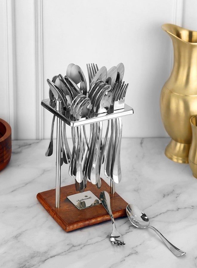 Chakmak Greenwood Bugget Cutlery Set of 25 Pcs | Stainless Steel | Contains 6 Soup Spoons, 6 Baby Spoons, 6 Baby Fork, 6 Tea Spoons, 1 Stylish Square Stand | Elegant Cutlery Set for Dining Table - Image 1