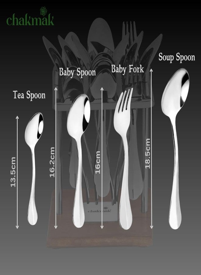 Chakmak Greenwood Bugget Cutlery Set of 25 Pcs | Stainless Steel | Contains 6 Soup Spoons, 6 Baby Spoons, 6 Baby Fork, 6 Tea Spoons, 1 Stylish Square Stand | Elegant Cutlery Set for Dining Table - Image 5