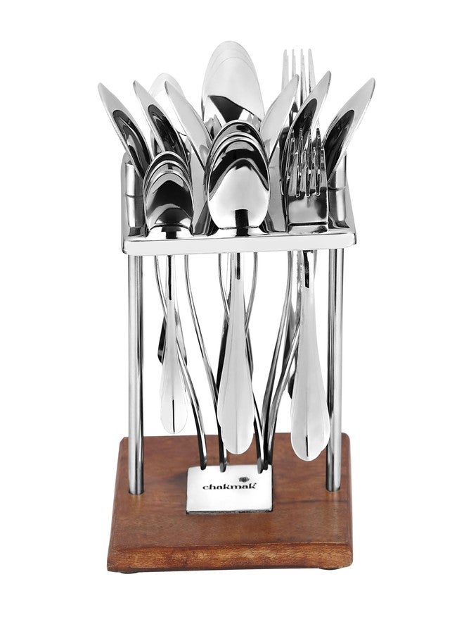 Chakmak Greenwood Bugget Cutlery Set of 25 Pcs | Stainless Steel | Contains 6 Soup Spoons, 6 Baby Spoons, 6 Baby Fork, 6 Tea Spoons, 1 Stylish Square Stand | Elegant Cutlery Set for Dining Table - Image 2