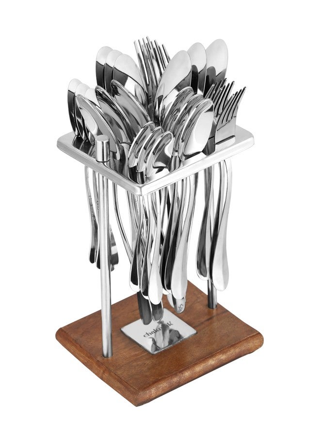 Chakmak Greenwood Bugget Cutlery Set of 25 Pcs | Stainless Steel | Contains 6 Soup Spoons, 6 Baby Spoons, 6 Baby Fork, 6 Tea Spoons, 1 Stylish Square Stand | Elegant Cutlery Set for Dining Table - Image 3