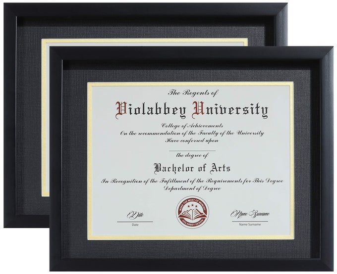 85 x 11 Diploma Frame Black 2 pack with HD Real Glass Fits 85x11 Inch Degree Document with Black Gold Double Mat or 11x14 without Mat Certificate Frame for Wall or Tabletop Display