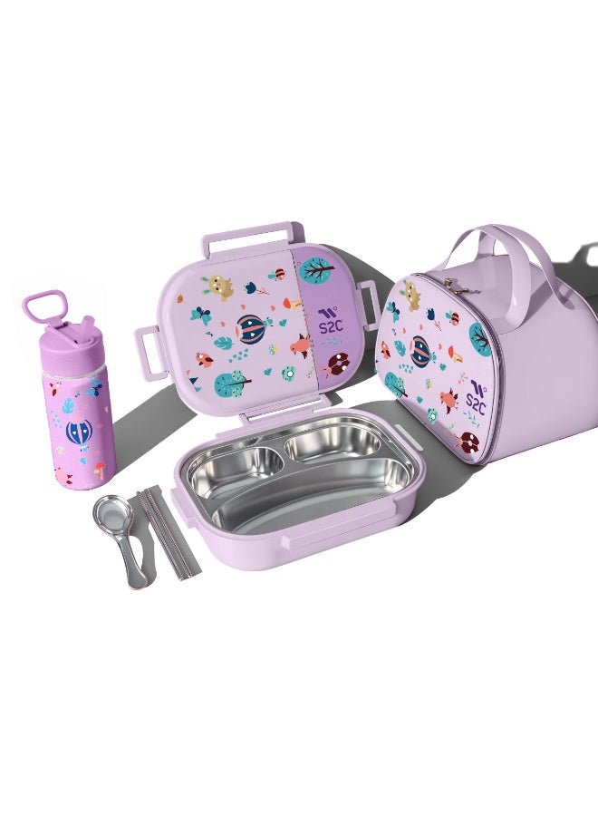 S2C LittleZen Kids Bento Lunch Box (Purple) – Leak-Proof Stainless Steel Lunch Box with Multiple Compartments and Spoon | Microwavable BPA-Free Tray, Anti-Slip Base, and Matching Water Bottle Combo (Purple) - Image 1