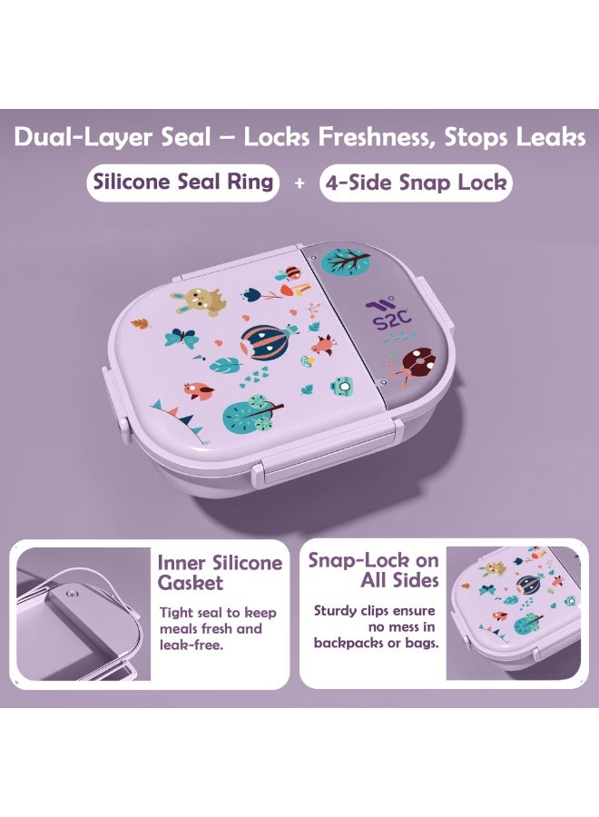 S2C LittleZen Kids Bento Lunch Box (Purple) – Leak-Proof Stainless Steel Lunch Box with Multiple Compartments and Spoon | Microwavable BPA-Free Tray, Anti-Slip Base, and Matching Water Bottle Combo (Purple) - Image 2