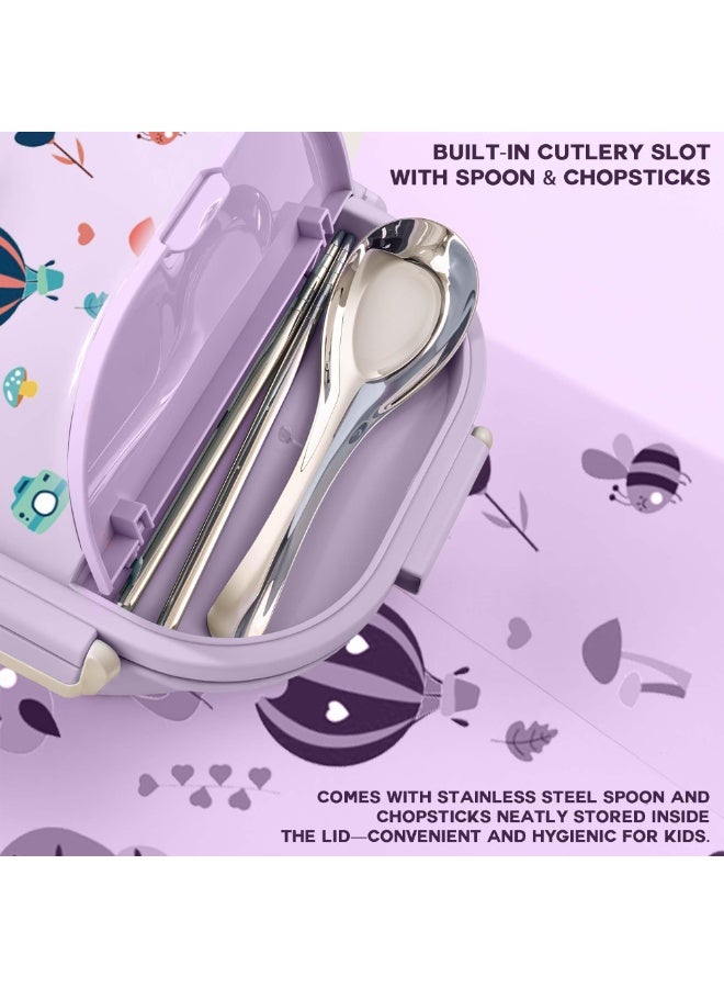 S2C LittleZen Kids Bento Lunch Box (Purple) – Leak-Proof Stainless Steel Lunch Box with Multiple Compartments and Spoon | Microwavable BPA-Free Tray, Anti-Slip Base, and Matching Water Bottle Combo (Purple) - Image 3