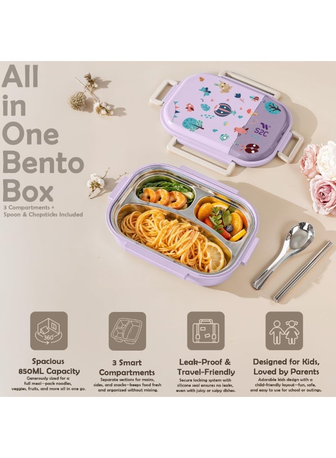 S2C LittleZen Kids Bento Lunch Box (Purple) – Leak-Proof Stainless Steel Lunch Box with Multiple Compartments and Spoon | Microwavable BPA-Free Tray, Anti-Slip Base, and Matching Water Bottle Combo (Purple) - Image 4