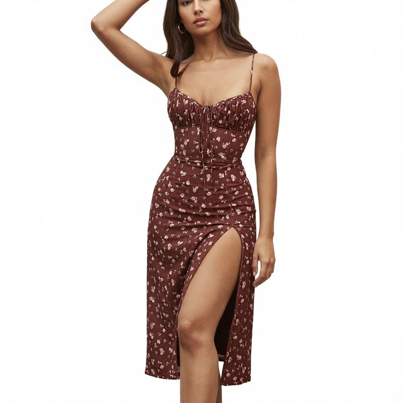 Women's Elegant Floral Print Pleated Slit Camisole Dress - Image 1
