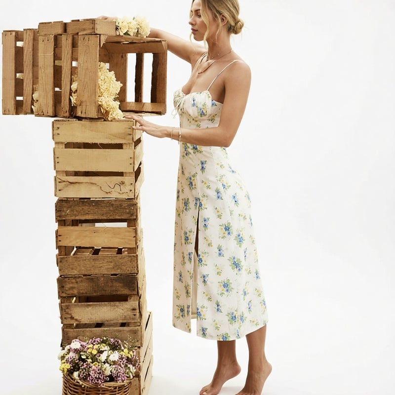 Women's Elegant Floral Print Pleated Slit Camisole Dress - Image 3