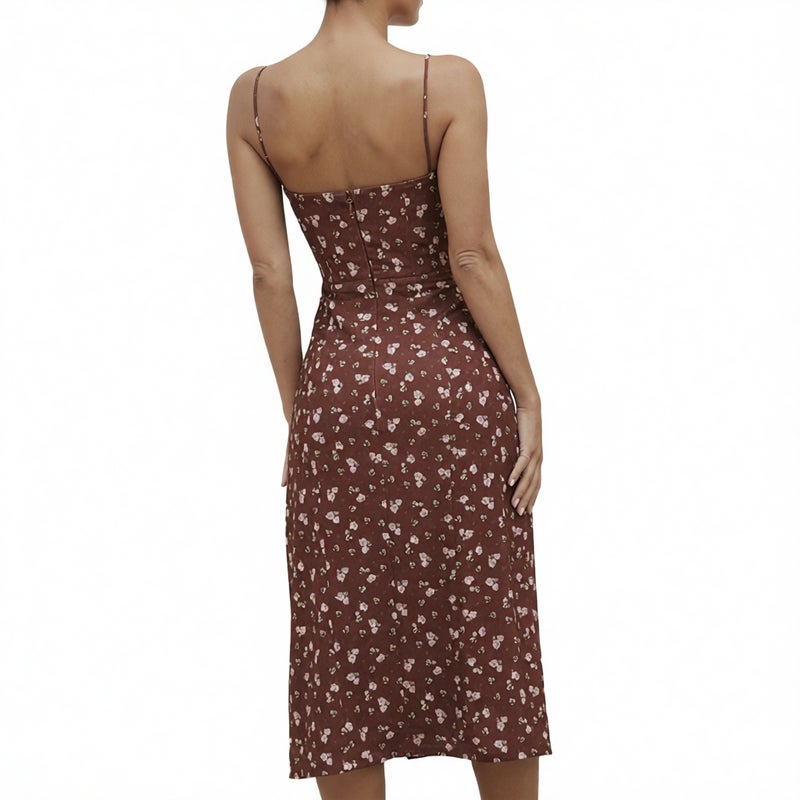 Women's Elegant Floral Print Pleated Slit Camisole Dress - Image 2