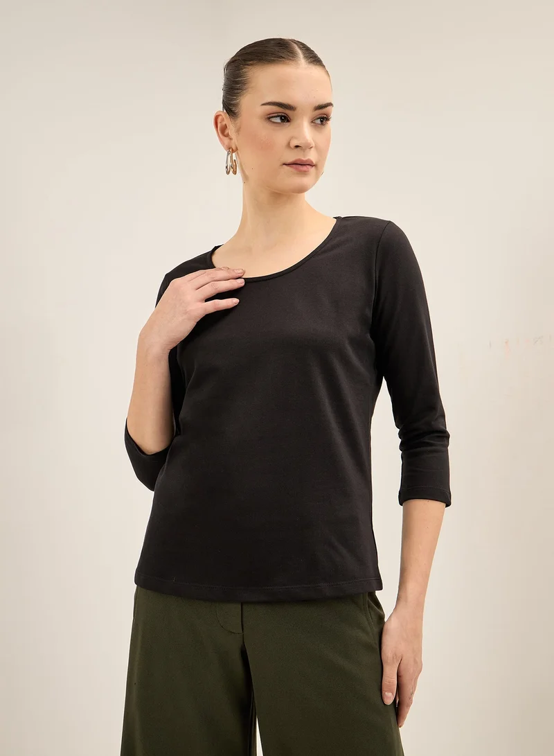 سولت اتاير Women's Black Scoop Neckline Top with 3/4th Length Sleeves, Regular Fit, and Classic Design for Effortless Everyday Style and Versatile Wear