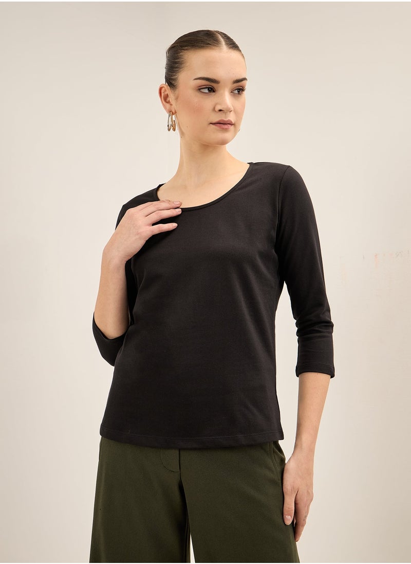 Salt Attire Women's Black Scoop Neckline Top with 3/4th Length Sleeves, Regular Fit, and Classic Design for Effortless Everyday Style and Versatile Wear  - Image 1