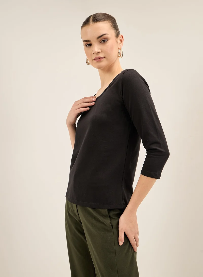 سولت اتاير Women's Black Scoop Neckline Top with 3/4th Length Sleeves, Regular Fit, and Classic Design for Effortless Everyday Style and Versatile Wear