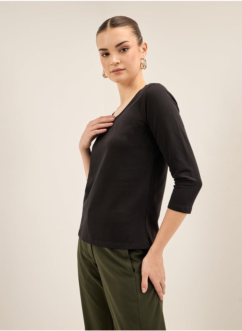 Salt Attire Women's Black Scoop Neckline Top with 3/4th Length Sleeves, Regular Fit, and Classic Design for Effortless Everyday Style and Versatile Wear  - Image 2