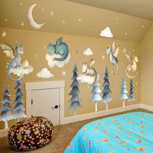 Ladinimo Dragon Wall Stickers,Peel and Stick Colorful Flying Dragon,White Clouds, Stars.Tree Self-Adhesive Mural，Removable Wall Sticker for Living Room Baby Nursery Kids Room Wall Decor (Large Dragon Decal) - Image 5
