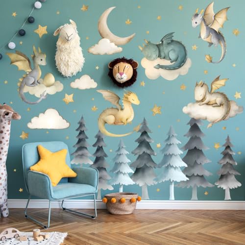Ladinimo Dragon Wall Stickers,Peel and Stick Colorful Flying Dragon,White Clouds, Stars.Tree Self-Adhesive Mural，Removable Wall Sticker for Living Room Baby Nursery Kids Room Wall Decor (Large Dragon Decal) - Image 1
