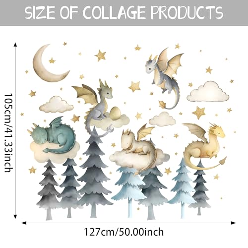Ladinimo Dragon Wall Stickers,Peel and Stick Colorful Flying Dragon,White Clouds, Stars.Tree Self-Adhesive Mural，Removable Wall Sticker for Living Room Baby Nursery Kids Room Wall Decor (Large Dragon Decal) - Image 2