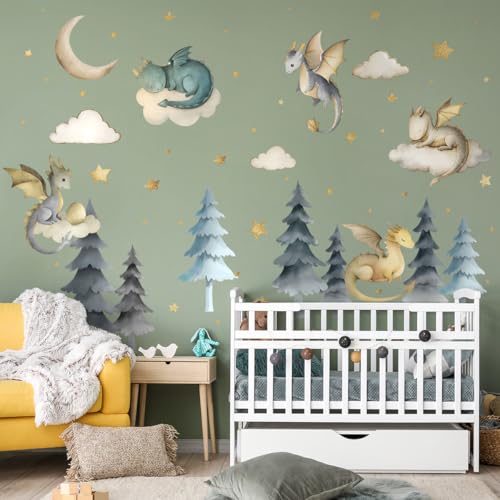 Ladinimo Dragon Wall Stickers,Peel and Stick Colorful Flying Dragon,White Clouds, Stars.Tree Self-Adhesive Mural，Removable Wall Sticker for Living Room Baby Nursery Kids Room Wall Decor (Large Dragon Decal) - Image 4