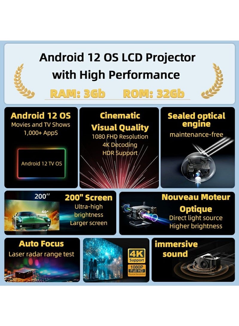 أون AUN U002 LED Full HD 4K جهاز عرض Android 12 التركيز التلقائي المنزلي ثلاثي الأبعاد سينما تلفزيون ذكي - Image 4