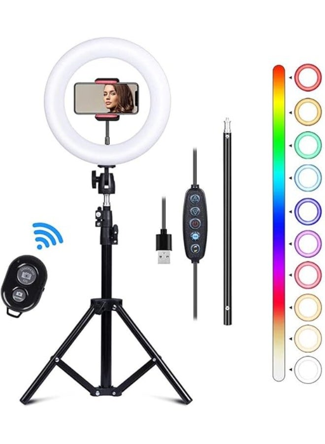 25cm LED Ring Light with Tripod Stand – 11 Lighting Modes, Dual Phone Holders, Bluetooth Remote – Ideal for Makeup, Selfies, and Video Recording  - Image 1