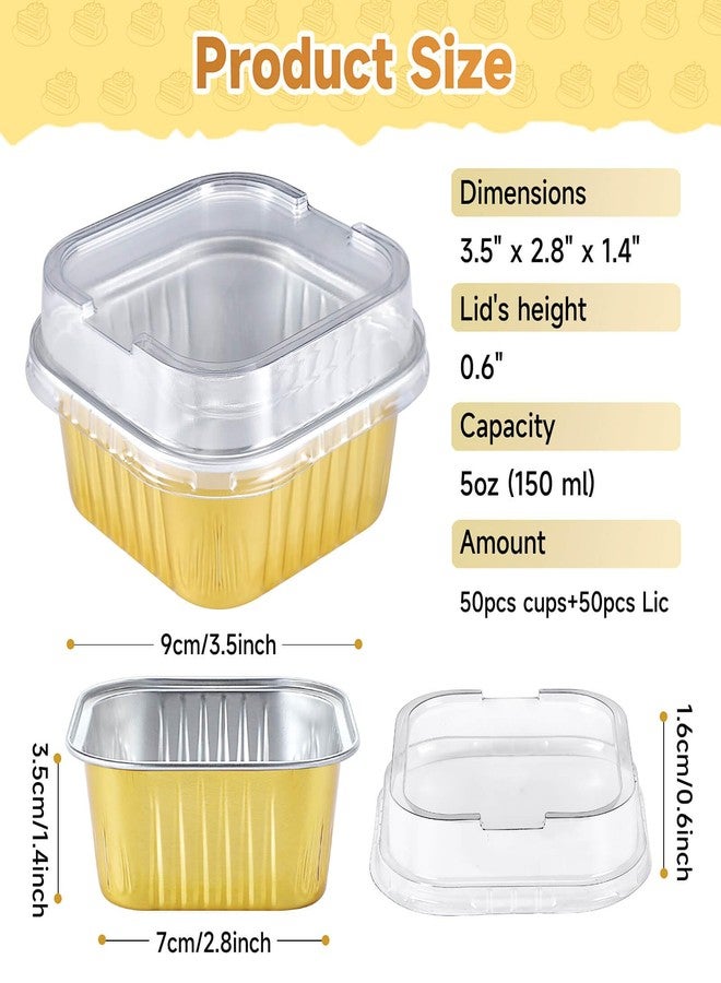 Eoonfirst 50pcs Mini Aluminum Foil Square Baking Cups, 5oz Disposable Ramekins Reusable Cupcake Cups with Lids for Baking Gold - Image 2