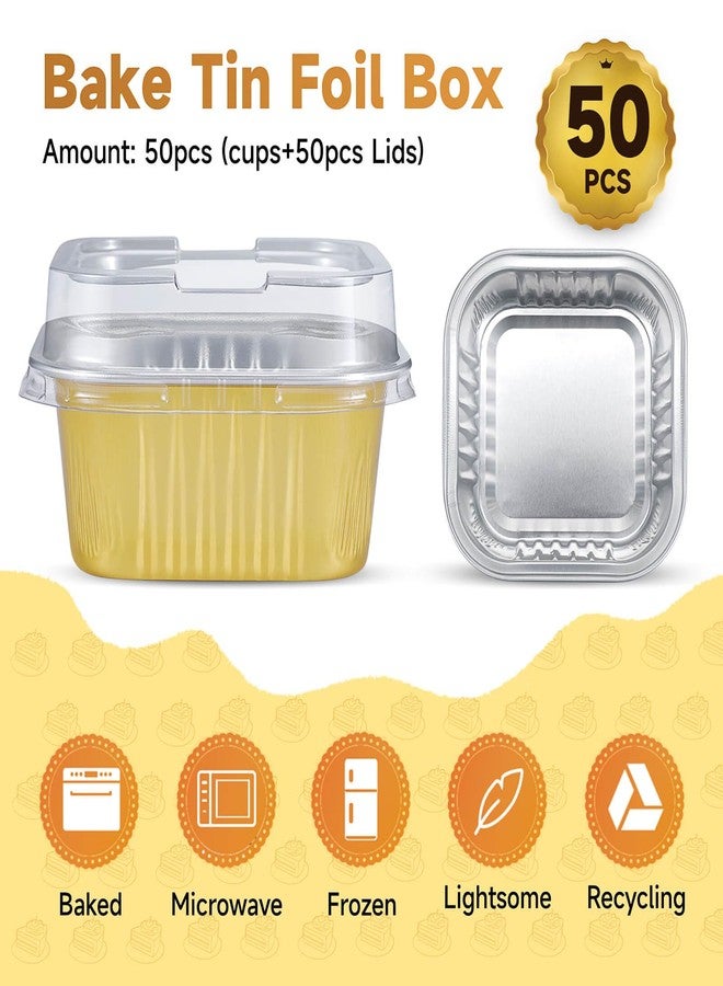 Eoonfirst 50pcs Mini Aluminum Foil Square Baking Cups, 5oz Disposable Ramekins Reusable Cupcake Cups with Lids for Baking Gold - Image 4