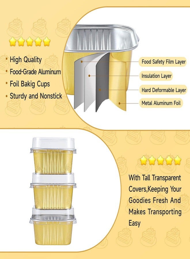 Eoonfirst 50pcs Mini Aluminum Foil Square Baking Cups, 5oz Disposable Ramekins Reusable Cupcake Cups with Lids for Baking Gold - Image 3