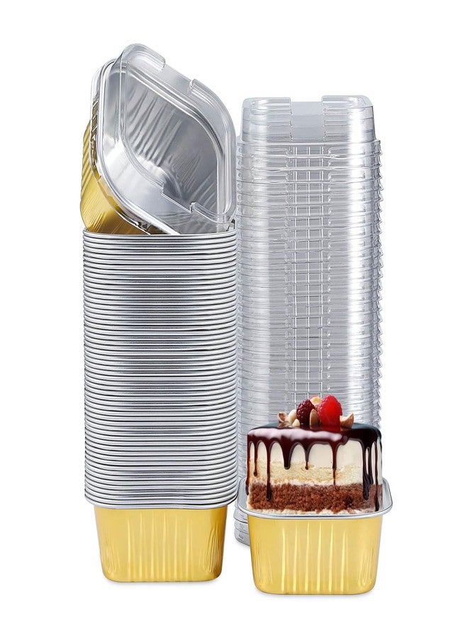 Eoonfirst 50pcs Mini Aluminum Foil Square Baking Cups, 5oz Disposable Ramekins Reusable Cupcake Cups with Lids for Baking Gold - Image 1