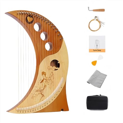 wfljl 19-String Lyre Harp Kit - Ergonomic Lap Harp Instrument with Tuner& Picks | Moon Design, Traditional Classic Stringed Instruments (Brown) - Image 1