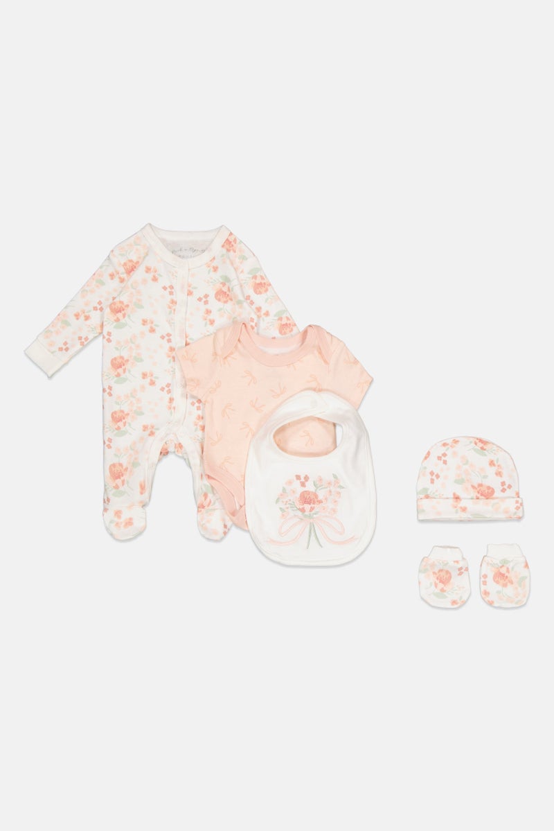 Rock-A-Bye Baby Boutique Toddlers Girl 5 Pcs Bodysuit, Bib, Beanie, Gloves and Coverall Set, Multicolor  - Image 1