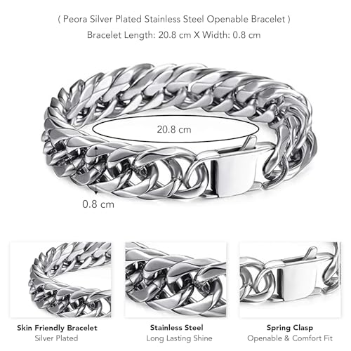 Peora Silver Plated Stainless Steel Metal Openable Bracelet Stylish Fashion Jewellery Gift for Men & Boys - Image 4