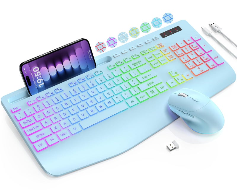 SABLUTE Wireless Keyboard and Mouse Combo, 9 Backlit Effects, Wrist Rest, Phone Holder, 2.4G Lag-Free Ergonomic Keyboards, Rechargeable Silent Cordless Set for Computer, Laptop, Mac, Windows -SABLUTE (Blue) - Image 1