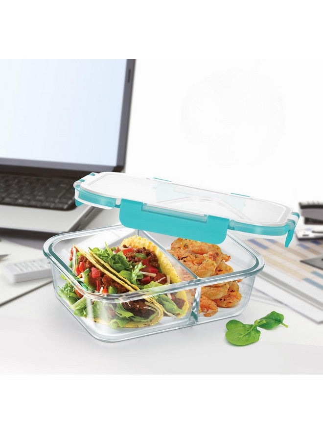 TREO تريو من ميلتون حاوية مقسمة مستطيلة من زجاج البوروسيليكات العالي، صندوق تيفين آمن للاستخدام في الميكروويف مع غطاء محكم، 2 قسم تخزين متعدد الاستخدامات، 1000 مل، شفاف - Image 4