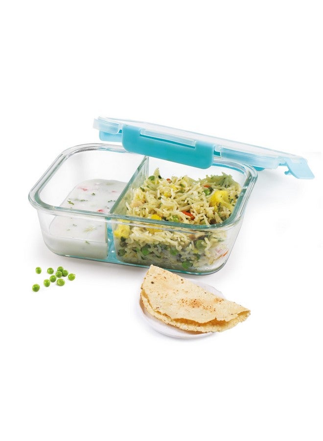 TREO تريو من ميلتون حاوية مقسمة مستطيلة من زجاج البوروسيليكات العالي، صندوق تيفين آمن للاستخدام في الميكروويف مع غطاء محكم، 2 قسم تخزين متعدد الاستخدامات، 1000 مل، شفاف - Image 1