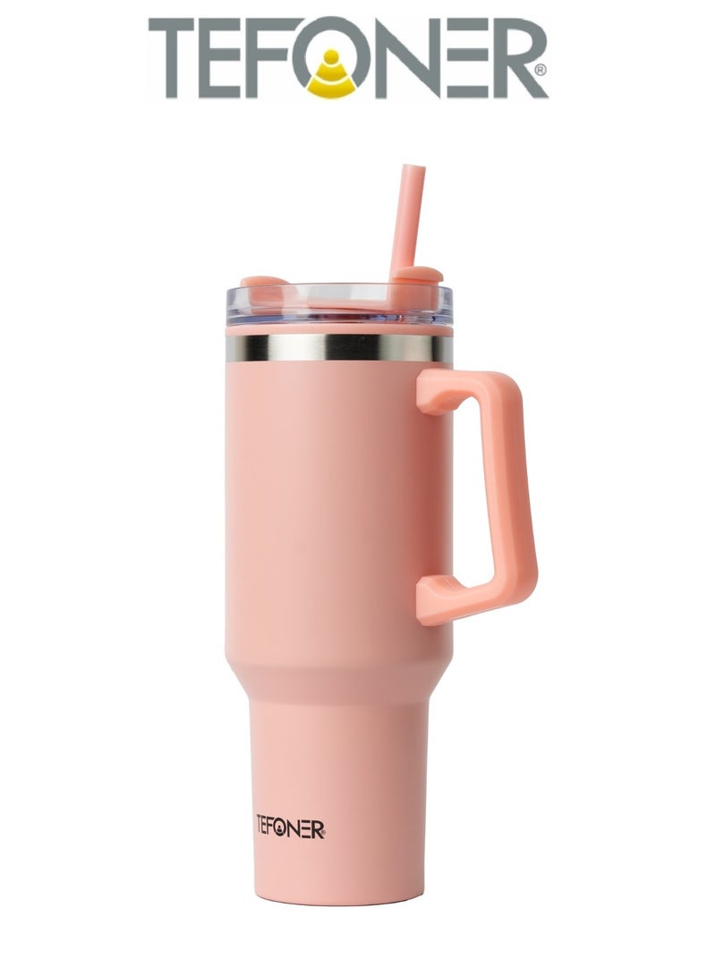 TEFONER tumbler hot and cold mug keeps drinks hot or cold. thermal mug 40oz (1.2L) insulated. mug coffee cup easy to carry with its sturdy handle. travel mug features a durable straw. Pink - Image 1