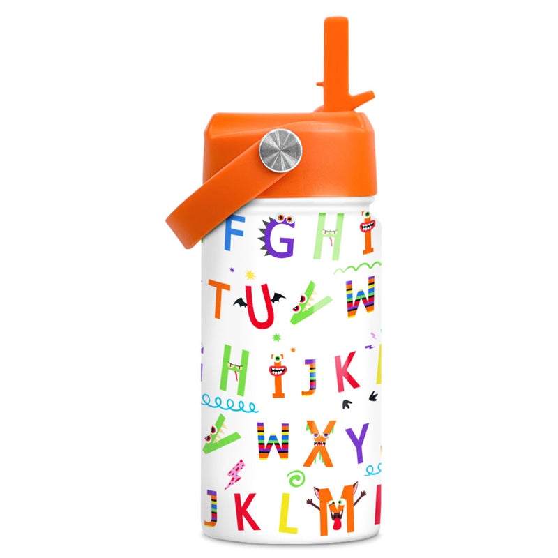 SANDJEST Kids Water Bottle with Straw Lid 12 Oz Alphabet Insulated Stainless Steel Water Bottles for Kid Girl Boys Travel Cup for School Sports
