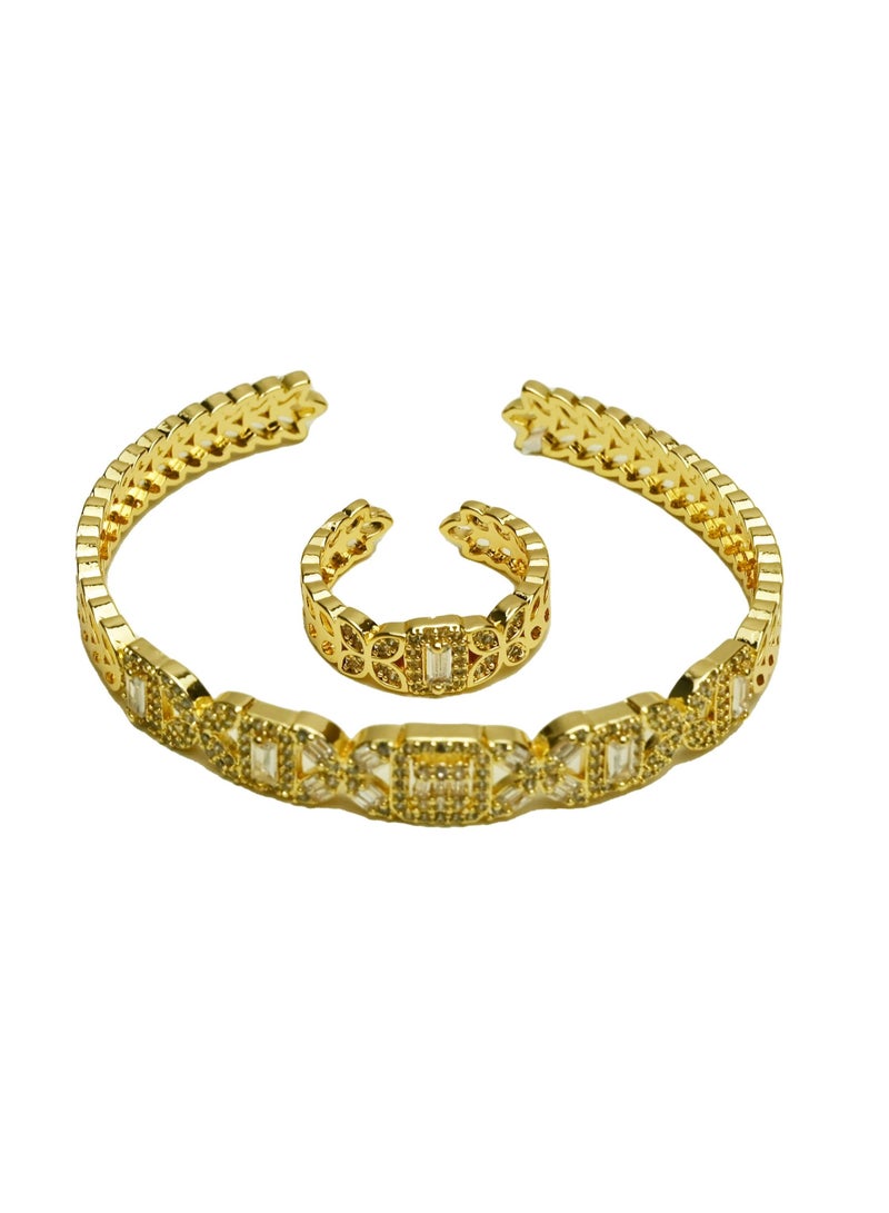 سوار مطلي بالذهب والزركونيا وخاتم/مجوهرات متنوعة للنساء/سوار ذهبي مطلي للفتيات/مجوهرات عصرية للفتيات/هدية للزوجة والأم والأصدقاء/اكسسوارات للنساء - Image 1
