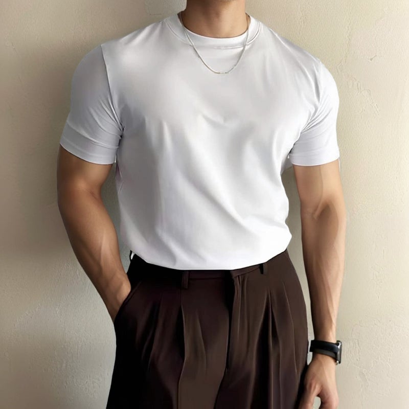 Summer 2026 new Korean version straight shoulder short-sleeved T-shirt men's top trendy round neck slim fit versatile solid color T-shirt - Image 1