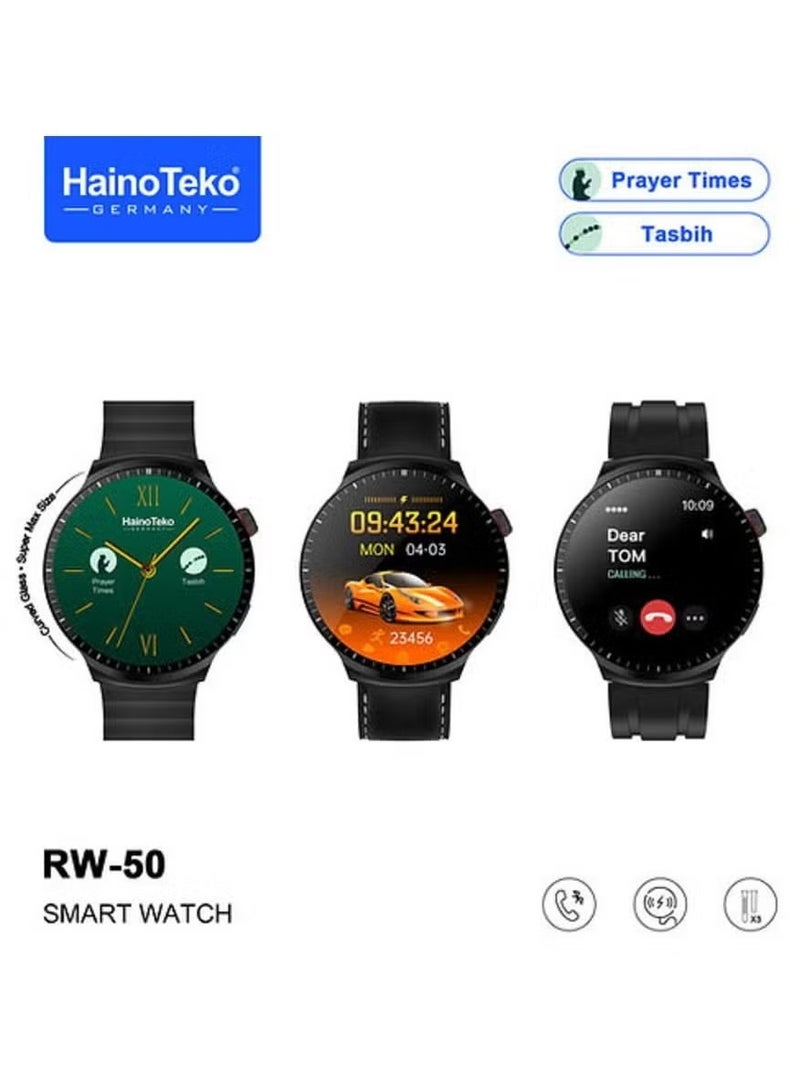 Haino Teko RW50 Super Max Size Round Shape Curved AMOLED Display Smart Watch With 3 Pair Straps for Gents and Boys – Stylish Silver Design, Long Battery Life, Fitness Tracker, Waterproof, Heart Rate Monitor & Customizable Features – Perfect for Everyday Use. - Image 1