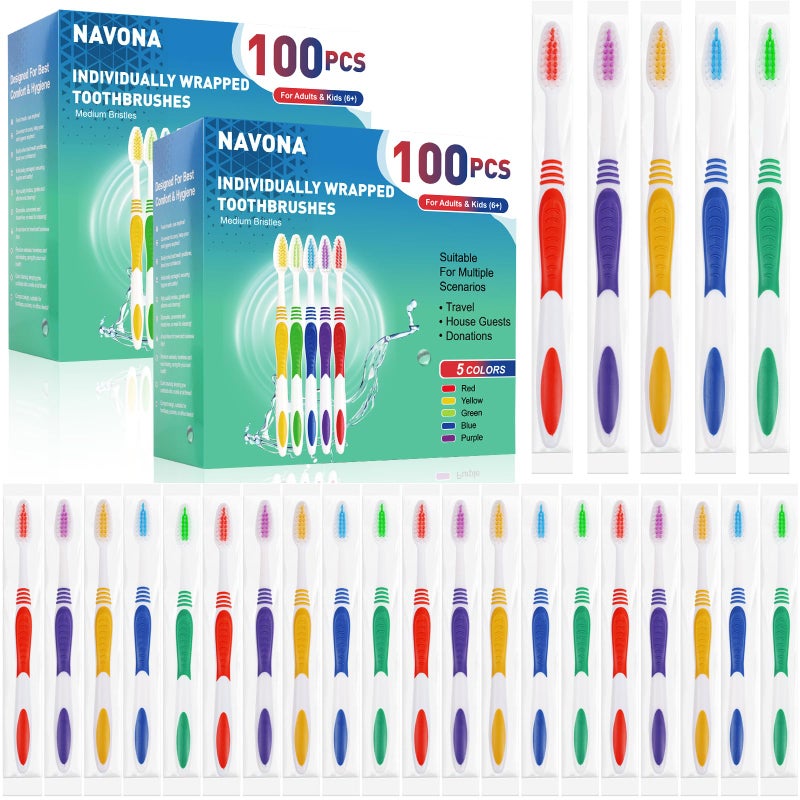 Navona 200 PCS Premium Individually Wrapped Bulk Toothbrush Pack Disposable Toothbrushes Kids Toothbrush Medium Soft Bristle Toothbrushes Ergonomics Handle Perfect for Travel Hotel Donation