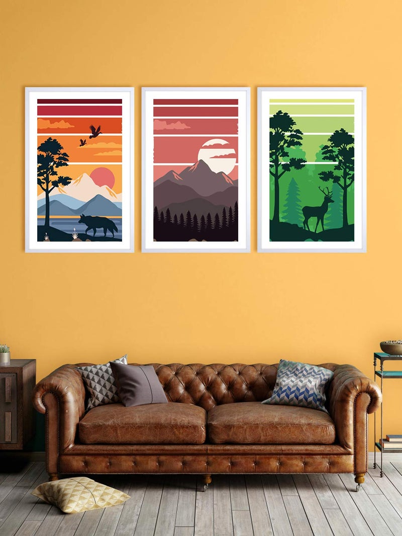 999STORE Fiber wall painting for living room big size paintings bedro with frame canvas 3 piece set of Dear Wolf sunset Set Canvas 30X54 Inches White WH3Frames006