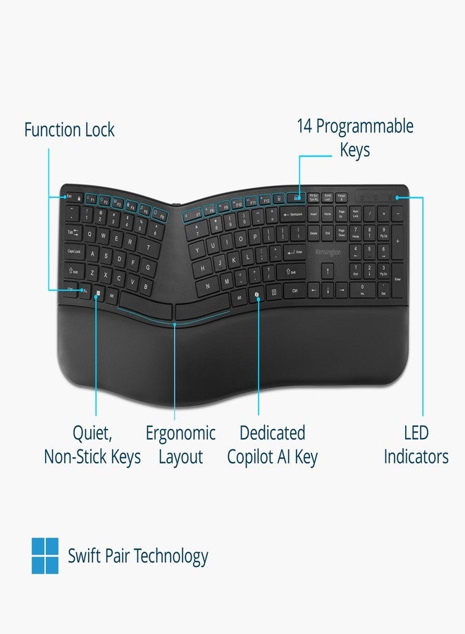 Kensington Pro Fit Ergo KB680 EQ Wireless Keyboard, Bluetooth & 2.4GHz Connection, Rechargeable, Ergonomic Design, Split-Keyboard (K72485NA) - Image 3