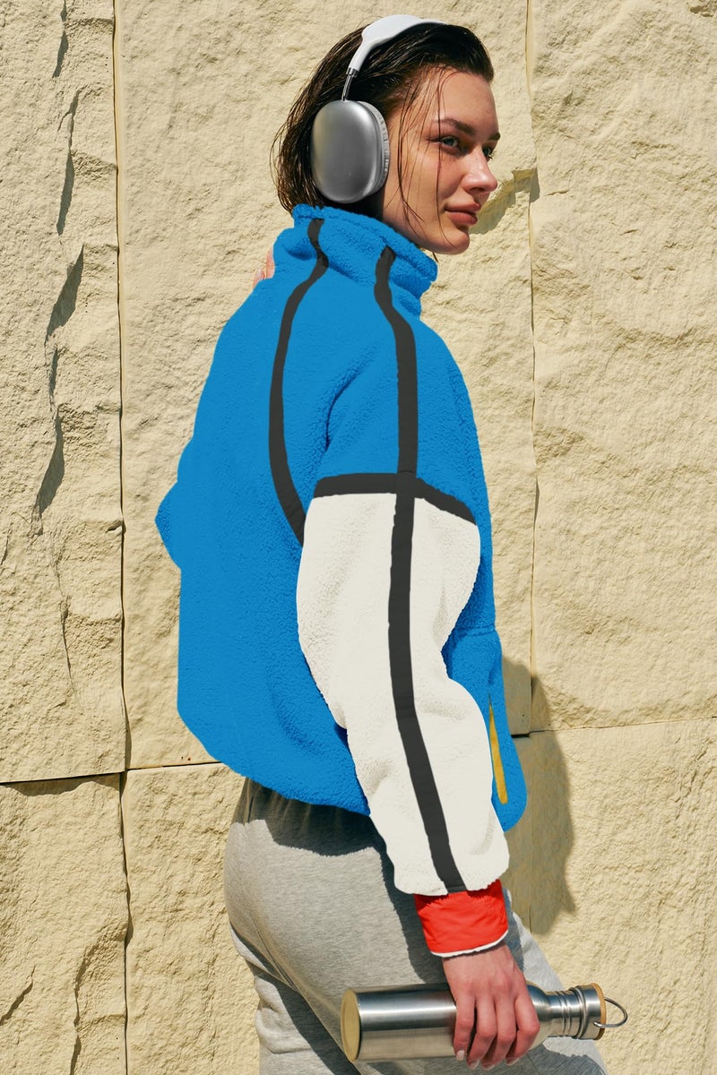 Panadila Womens Quarter Zip Fleece Pullover Sherpa Jacket Oversized Sweatshirt with Pockets Fuzzy Sweater (Royal Blue Combo,M) - Image 5