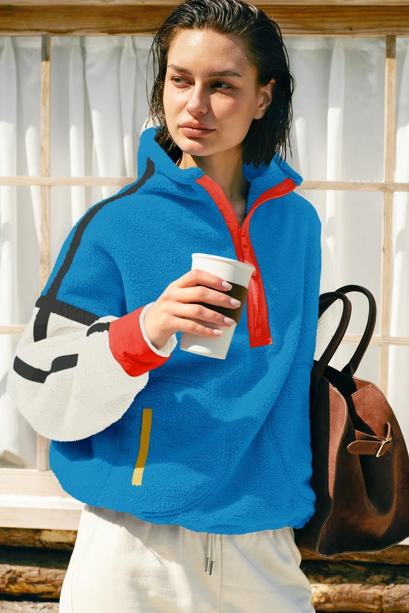 Panadila Womens Quarter Zip Fleece Pullover Sherpa Jacket Oversized Sweatshirt with Pockets Fuzzy Sweater (Royal Blue Combo,M) - Image 4