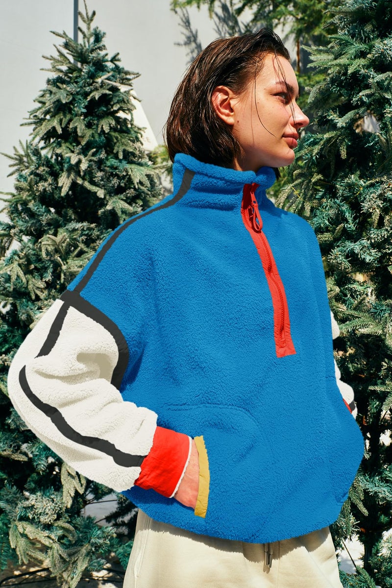 Panadila Womens Quarter Zip Fleece Pullover Sherpa Jacket Oversized Sweatshirt with Pockets Fuzzy Sweater (Royal Blue Combo,M) - Image 3