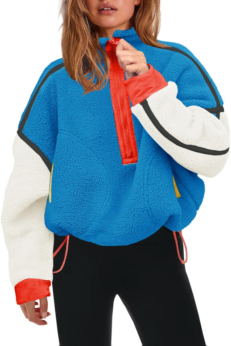 Panadila Womens Quarter Zip Fleece Pullover Sherpa Jacket Oversized Sweatshirt with Pockets Fuzzy Sweater (Royal Blue Combo,M) - Image 1