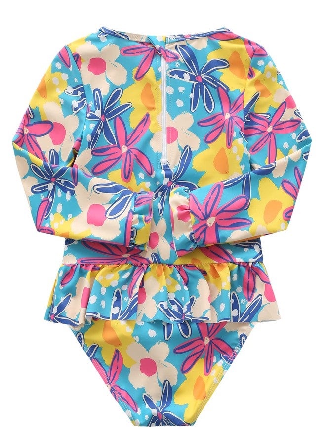 Aisyee Baby Girls One Piece Swimsuits Long Sleeve Rash Guard Swimshirts Tropical Floral 18 Months - Image 2