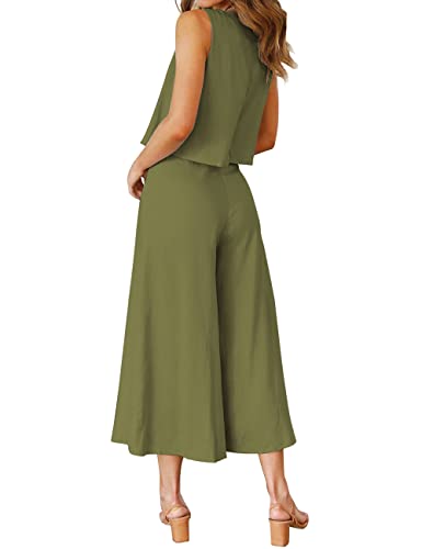 ROYLAMP Women's Summer 2 Piece Outfits Round Neck Crop Basic Top Cropped Wide Leg Pants Set Jumpsuits Olive Green XL - Image 3