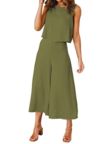 ROYLAMP Women's Summer 2 Piece Outfits Round Neck Crop Basic Top Cropped Wide Leg Pants Set Jumpsuits Olive Green XL - Image 2