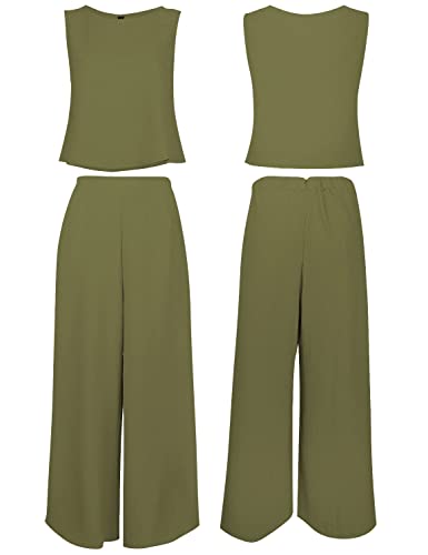 ROYLAMP Women's Summer 2 Piece Outfits Round Neck Crop Basic Top Cropped Wide Leg Pants Set Jumpsuits Olive Green XL - Image 5