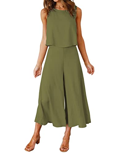 ROYLAMP Women's Summer 2 Piece Outfits Round Neck Crop Basic Top Cropped Wide Leg Pants Set Jumpsuits Olive Green XL - Image 1