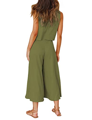 ROYLAMP Women's Summer 2 Piece Outfits Round Neck Crop Basic Top Cropped Wide Leg Pants Set Jumpsuits Olive Green XL - Image 4